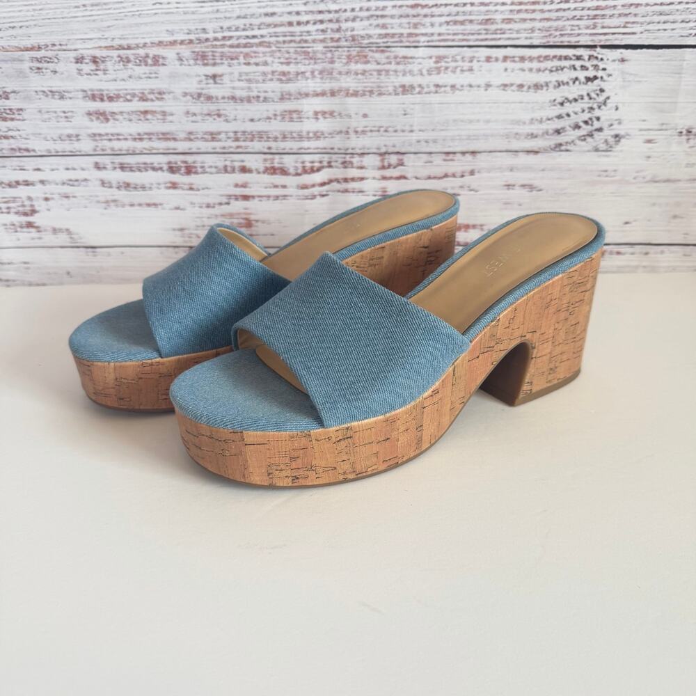 Nine West Boone Denim Cork Platform Block Heel Sandals 8.5